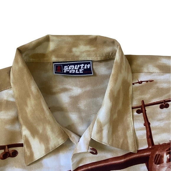 VINTAGE Southpole Shirt Mens XL Beige Aircraft Carrier All Over AOP Y2K 90’s - Picture 2 of 5